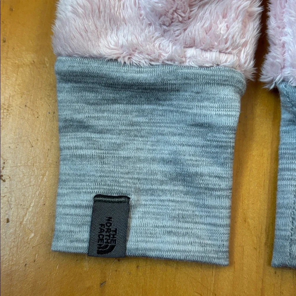 NORTH FACE 3T Pink Minky Osilito Mitt Mittens Thumbs Gray Elastic Band Skiing